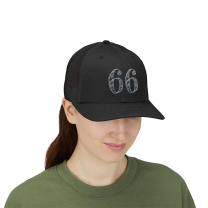 Mesh-back trucker hat with distressed ‘66’ printed on the front panel