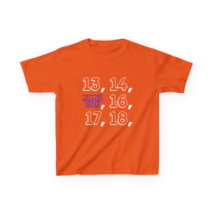 Orange t-shirt with numbers and text on a white background