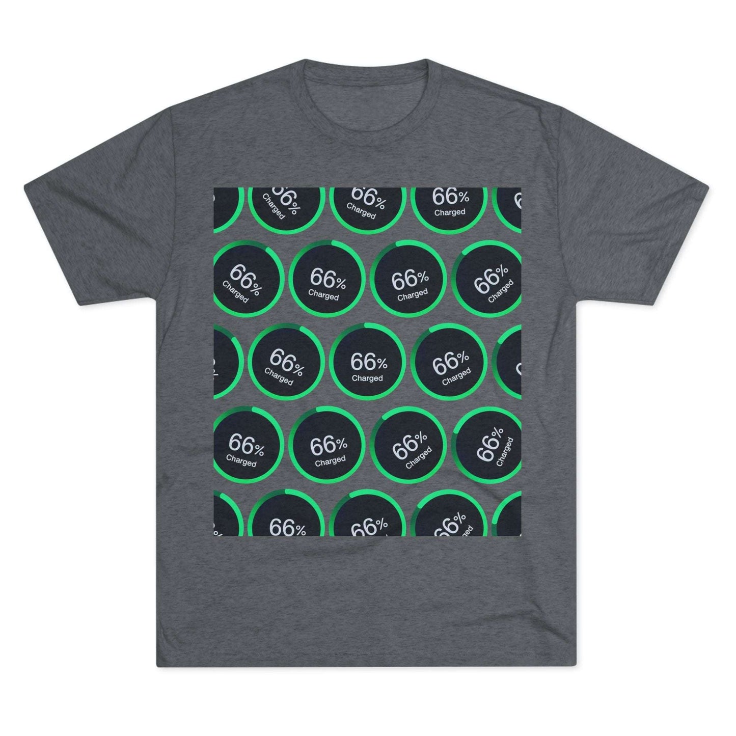 Retro 66% Charged Pattern Tee — tri-blend shirt, flat-lay battery gauge pattern, repeat “66% Charged” graphic, casual unisex style.