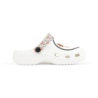 White rubber clogs worn with white-and-black striped socks, each shoe decorated with a round logo depicting a happy orange axolingo and the word ‘AXOLINGO’ repeated around the edge