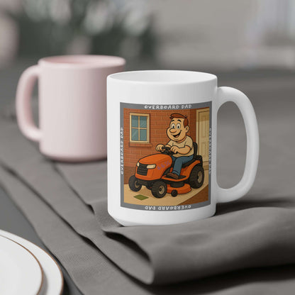 Graphic mug depicting a happy dad mowing the lawn on a ride-on tractor beside a brick wall and front door, encircled by the phrase ‘Overboard Dad’ in a repeating border.
