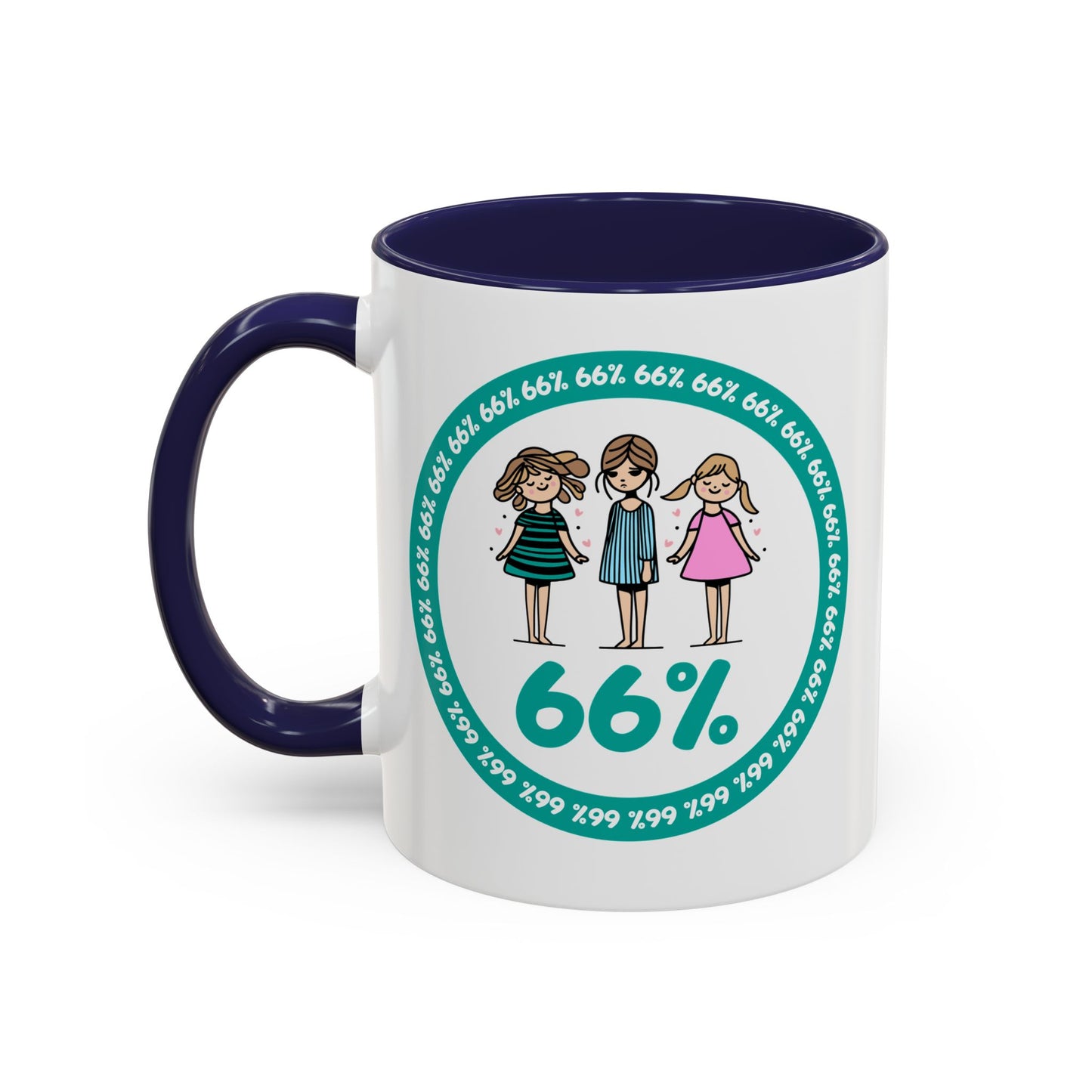 White 66% coffee mug with black handle, featuring three cute daughter illustrations in teal and pink—perfect gift for parents of three kids