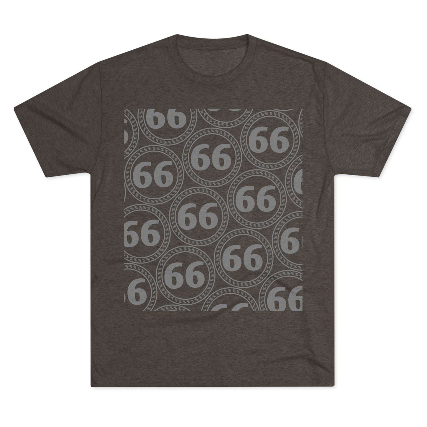 Retro 66% Pattern Tee— tri-blend graphic t-shirt flat-lay, repeating 66 circle pattern, casual vintage style.