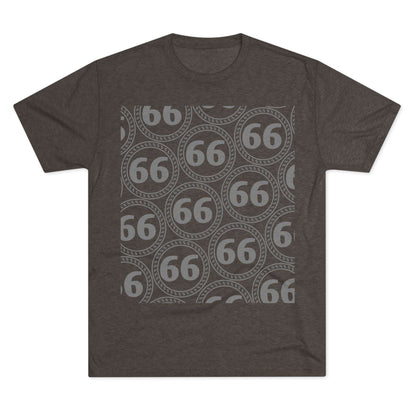 Retro 66% Pattern Tee— tri-blend graphic t-shirt flat-lay, repeating 66 circle pattern, casual vintage style.