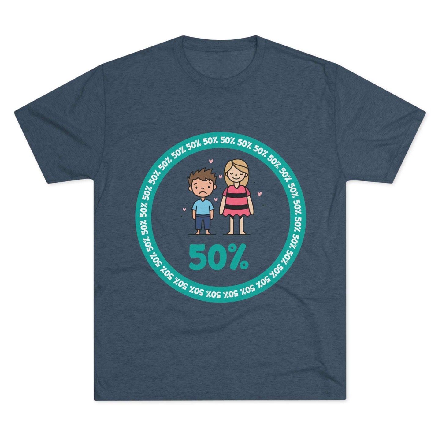 Original Boy Girl 50% Tri-Blend Tee — graphic t-shirt flat-lay, cartoon siblings inside teal 50% circle, repeating 50% pattern, bold 50% text, casual unisex style.