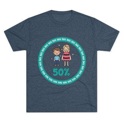 Original Boy Girl 50% Tri-Blend Tee — graphic t-shirt flat-lay, cartoon siblings inside teal 50% circle, repeating 50% pattern, bold 50% text, casual unisex style.