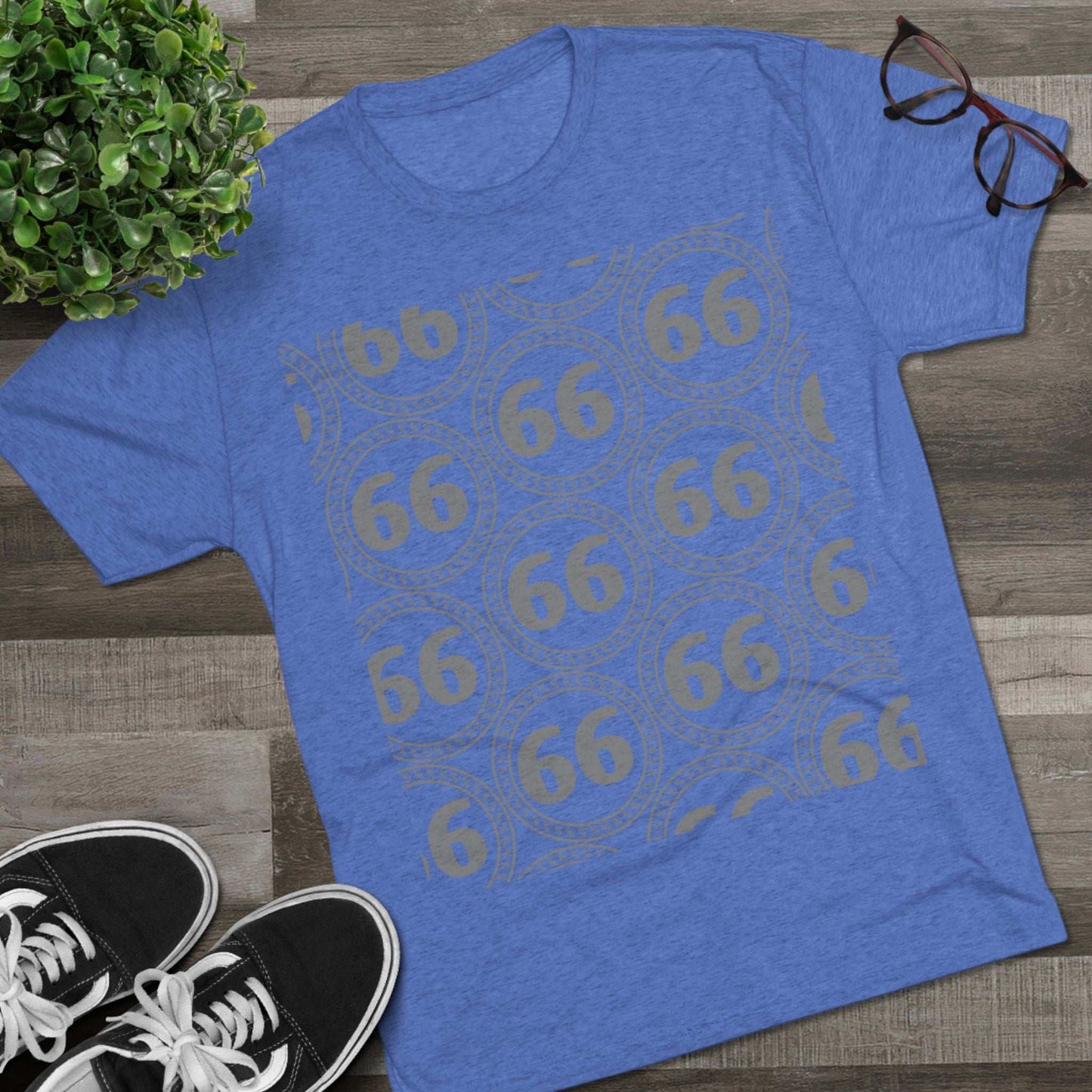 Retro 66% Pattern Tee— tri-blend graphic t-shirt flat-lay, repeating 66 circle pattern, casual vintage style.