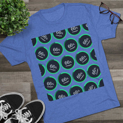 Retro 66% Charged Pattern Tee — tri-blend shirt, flat-lay battery gauge pattern, repeat “66% Charged” graphic, casual unisex style.