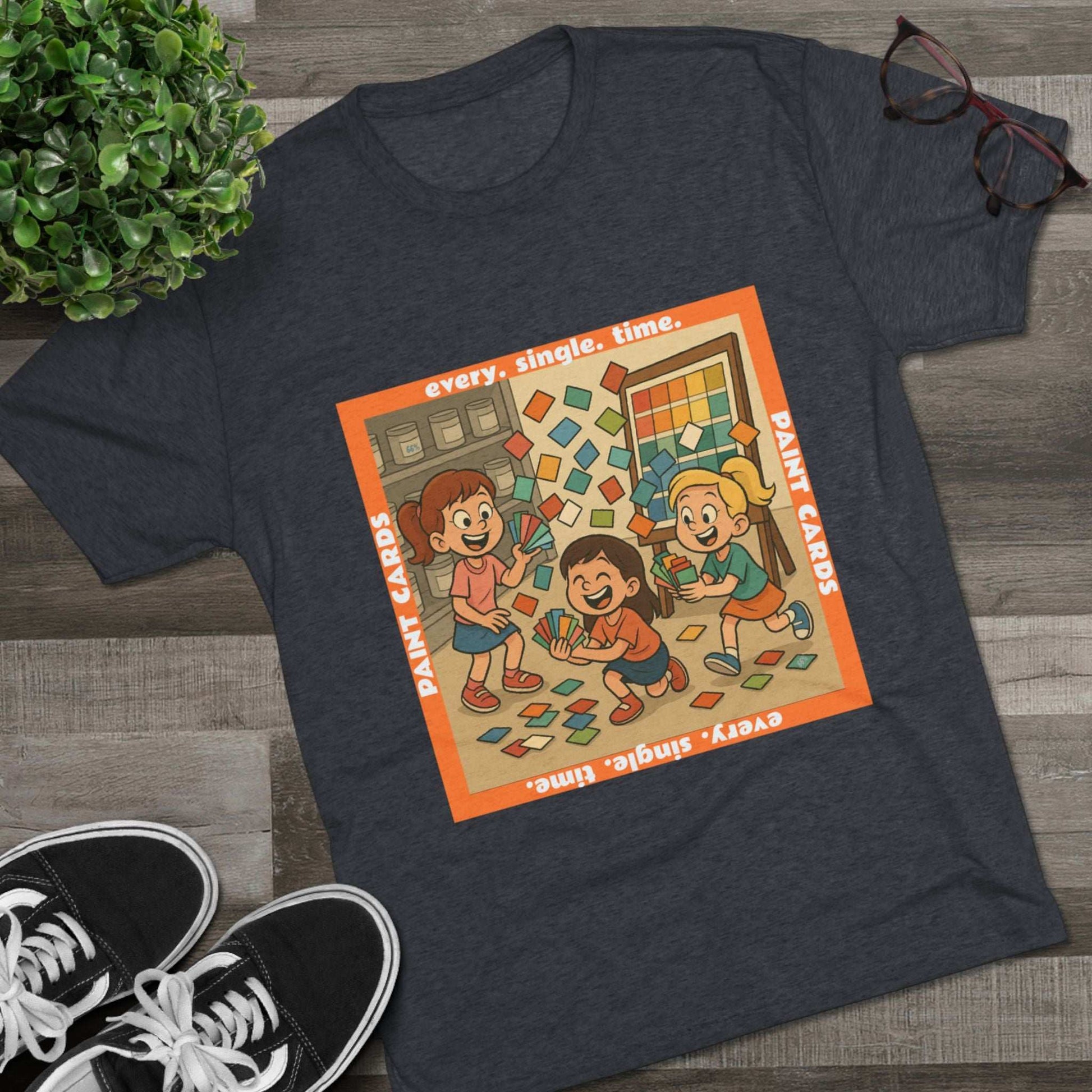 Paint Cards Every Single Time 66% Tri-Blend Tee — graphic t-shirt, flat-lay with cartoon kids and paint swatches, orange bordered square design, casual unisex style