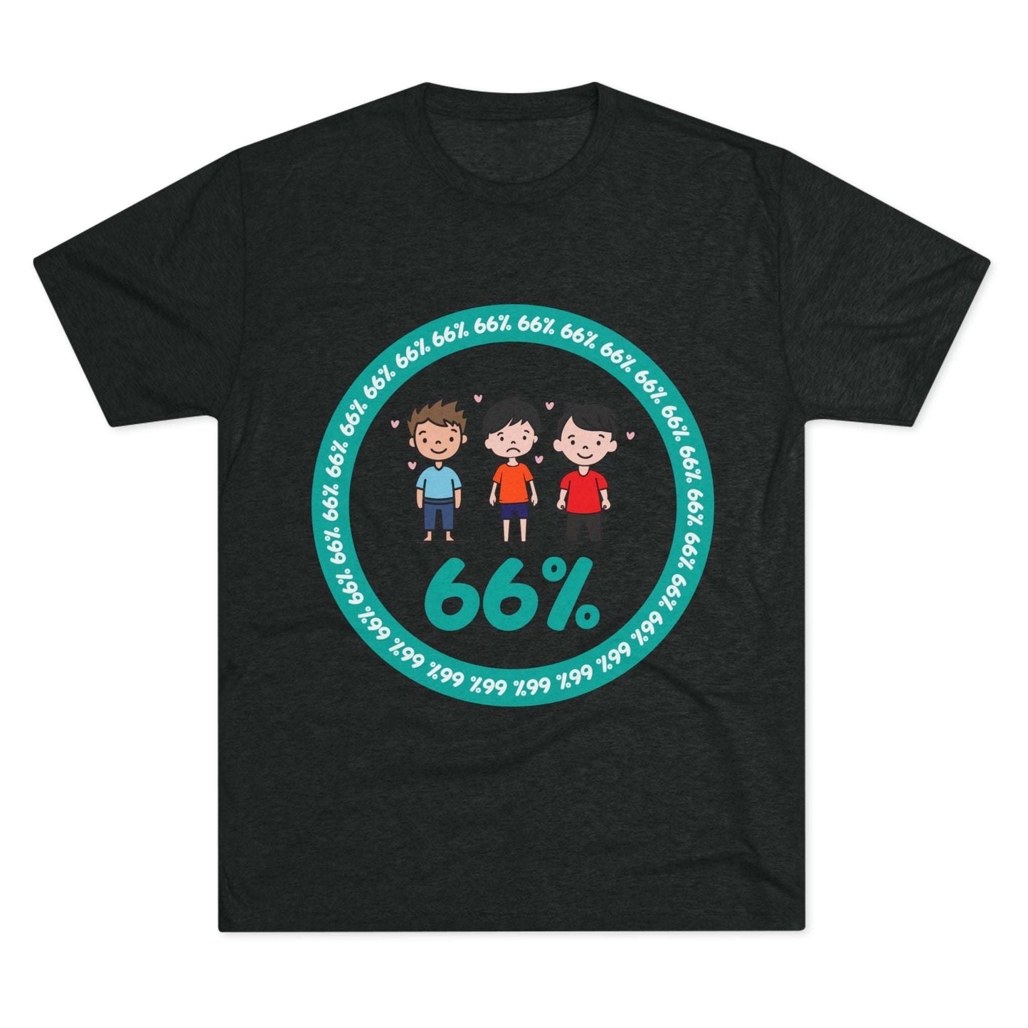 Flat-lay of tri-blend tee with three cartoon boys inside a teal 66% circle and repeating 66% border