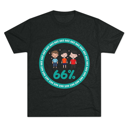 Flat-lay of tri-blend tee with three cartoon boys inside a teal 66% circle and repeating 66% border