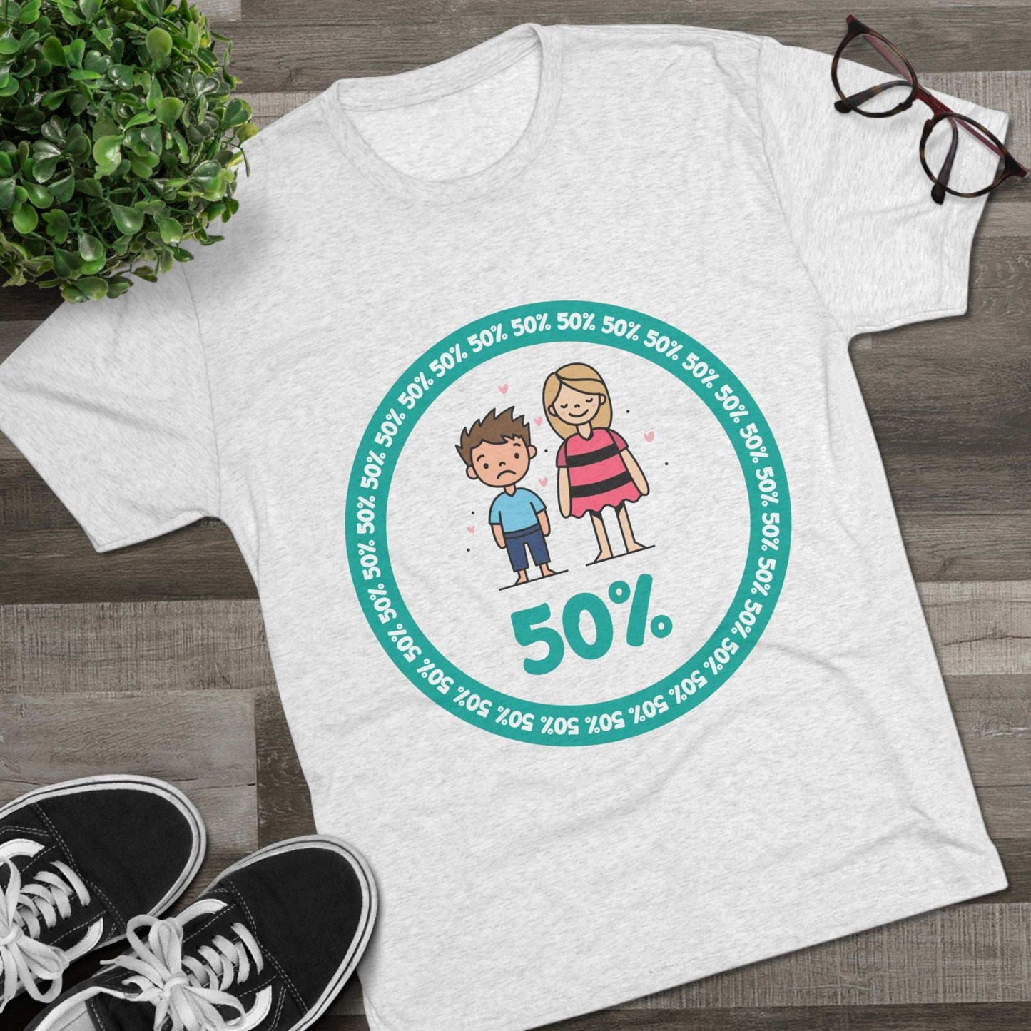 Original Boy Girl 50% Tri-Blend Tee — graphic t-shirt flat-lay, cartoon siblings inside teal 50% circle, repeating 50% pattern, bold 50% text, casual unisex style.