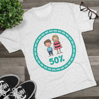 Original Boy Girl 50% Tri-Blend Tee — graphic t-shirt flat-lay, cartoon siblings inside teal 50% circle, repeating 50% pattern, bold 50% text, casual unisex style.