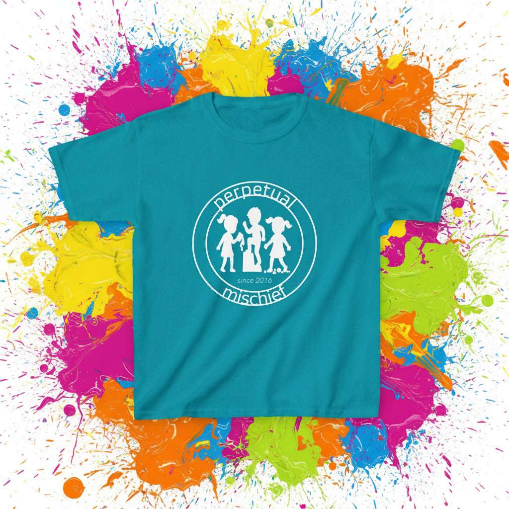 Teal t-shirt with white graphic and text on a white background