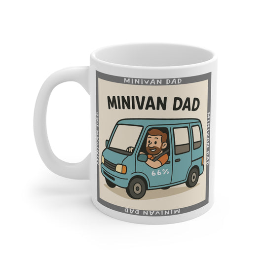 Novelty Minivan Dad coffee mug: white ceramic cup printed with a cheerful father behind the wheel of his minivan and repeating ‘Minivan Dad’ border text.