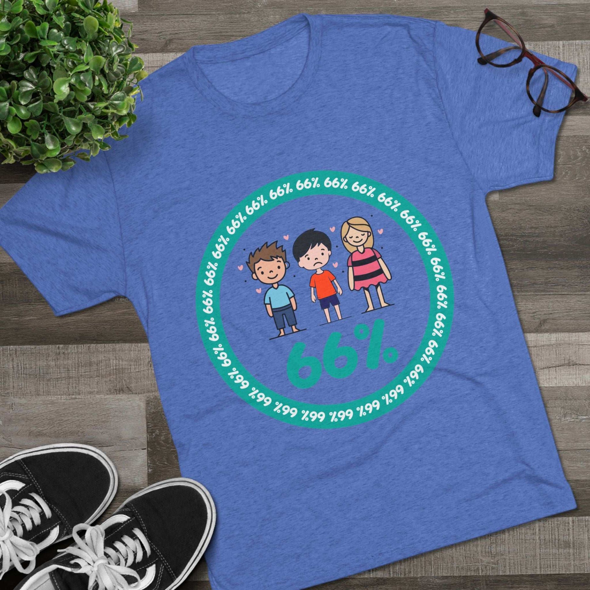 Flat-lay of tri-blend tee with two cartoon boys and one girl inside a teal 66% circle and repeating 66% border