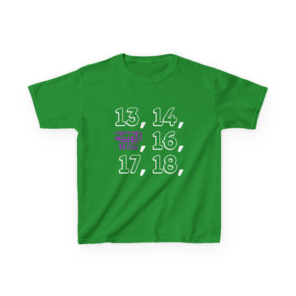 Green t-shirt with white and purple text on a white background