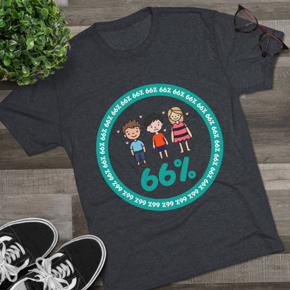 Flat-lay of tri-blend tee with two cartoon boys and one girl inside a teal 66% circle and repeating 66% border