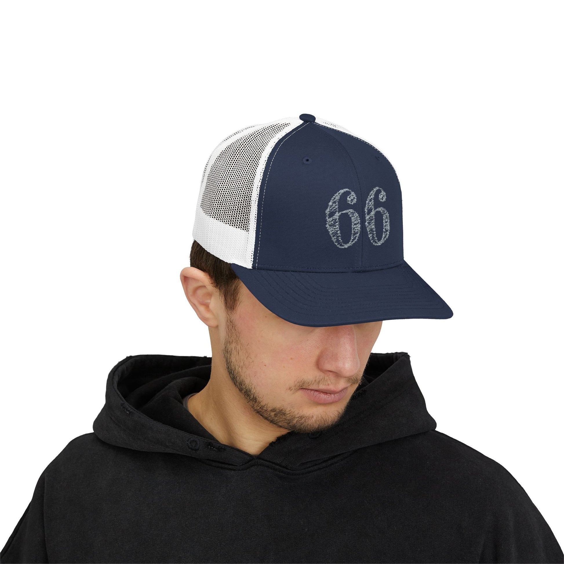 Mesh-back trucker hat with distressed ‘66’ printed on the front panel