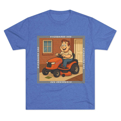 Overboard Dad Mower 66% Tri-Blend Tee — graphic tee, flat-lay with cartoon dad on ride-on mower, gray ‘OVERBOARD DAD’ square border, 66% decal, casual vintage style.