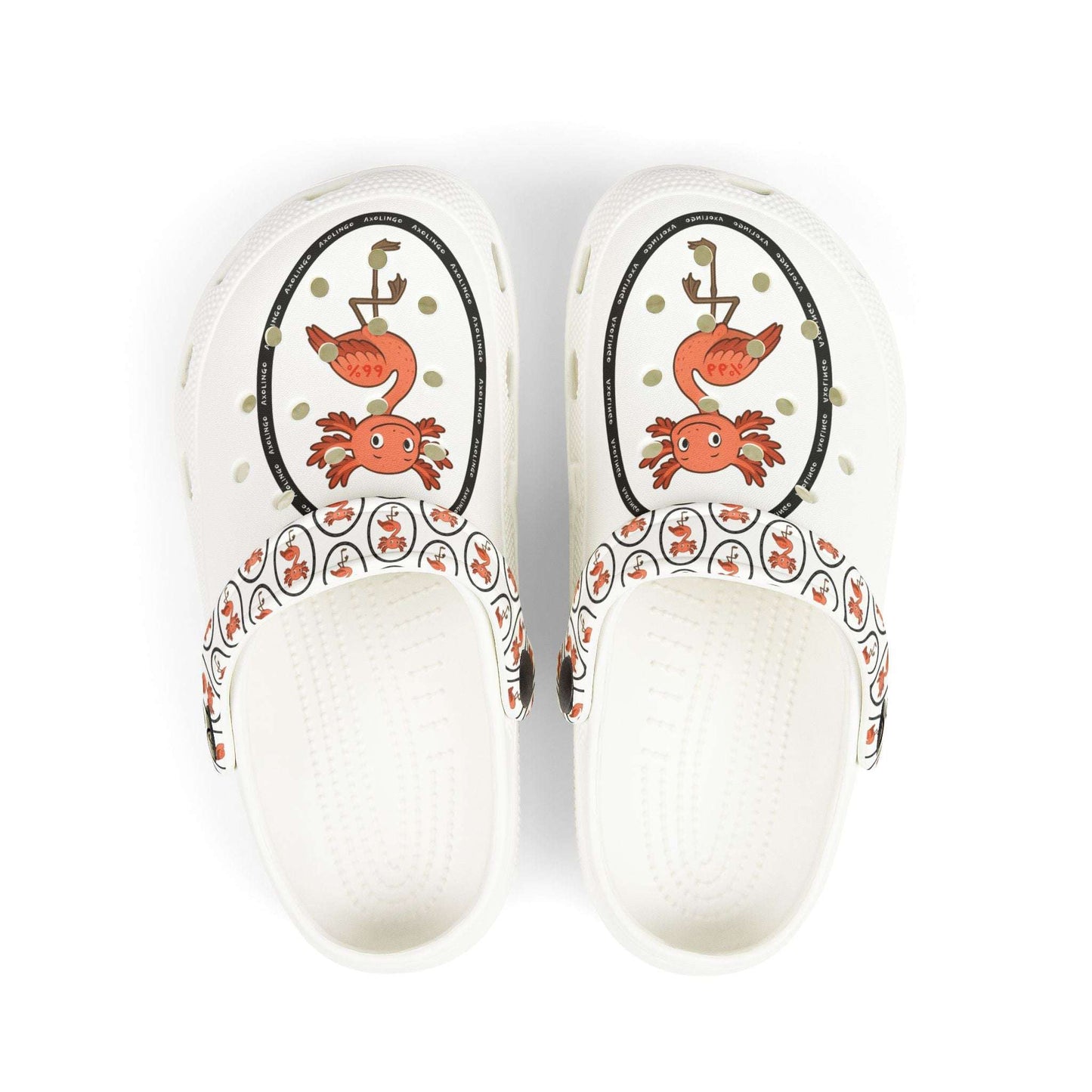 White rubber clogs worn with white-and-black striped socks, each shoe decorated with a round logo depicting a happy orange axolingo and the word ‘AXOLINGO’ repeated around the edge