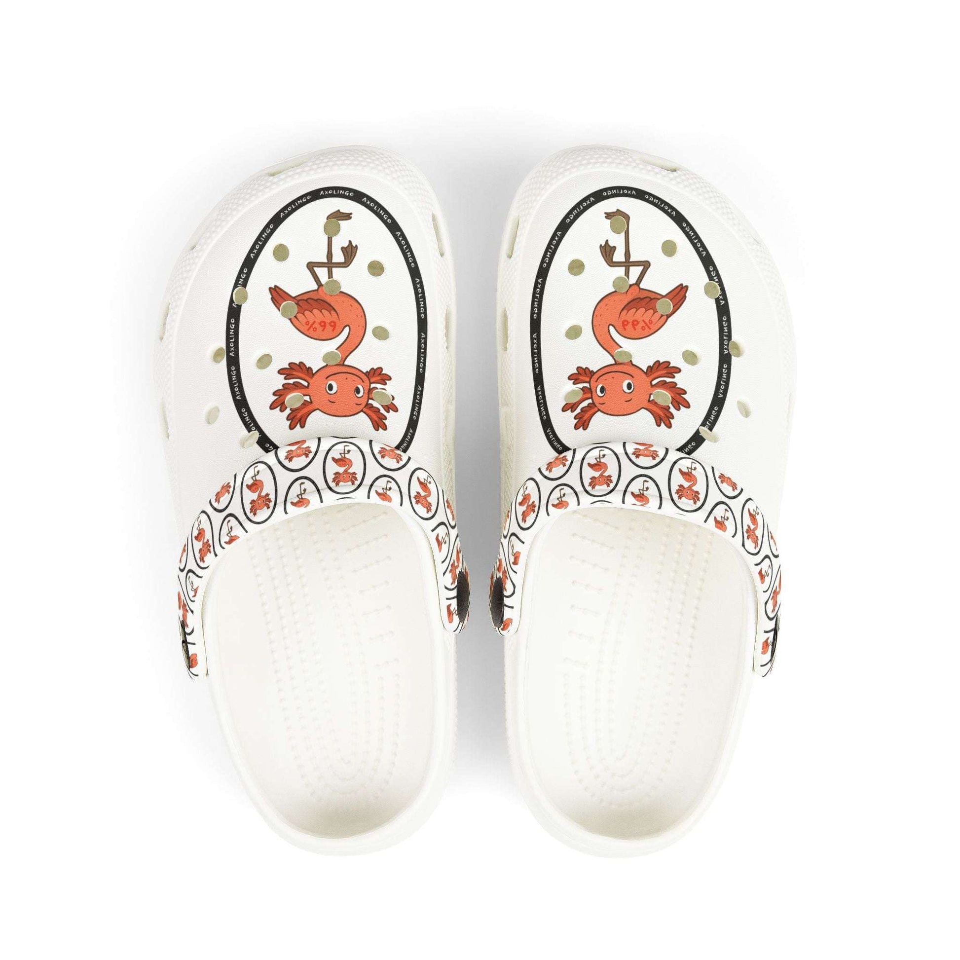 White rubber clogs worn with white-and-black striped socks, each shoe decorated with a round logo depicting a happy orange axolingo and the word ‘AXOLINGO’ repeated around the edge