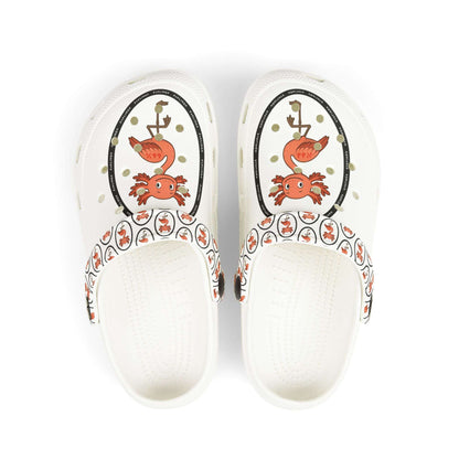 White rubber clogs worn with white-and-black striped socks, each shoe decorated with a round logo depicting a happy orange axolingo and the word ‘AXOLINGO’ repeated around the edge