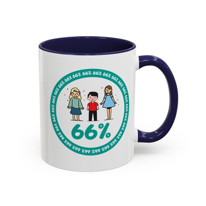 White mug with blue handle showing a graphic: a teal circle of repeating ‘66%’ text, three cartoon kids inside the circle, and a prominent ‘66%’ at the bottom.