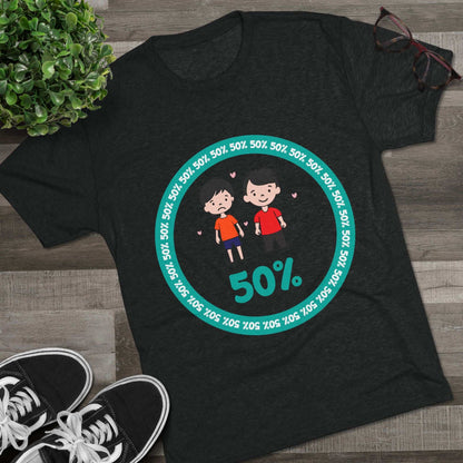 Original Boy Boy 50% Tri-Blend Tee — graphic t-shirt flat-lay, cartoon siblings inside teal 50% circle, repeating 50% pattern, bold 50% text, casual unisex style.