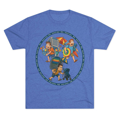 Cartoon dad overloaded with beach gear in three chaotic poses, “Beach Dad 66%” design on bright blue tri-blend tee – funny parenting shirt by 66 Percent
