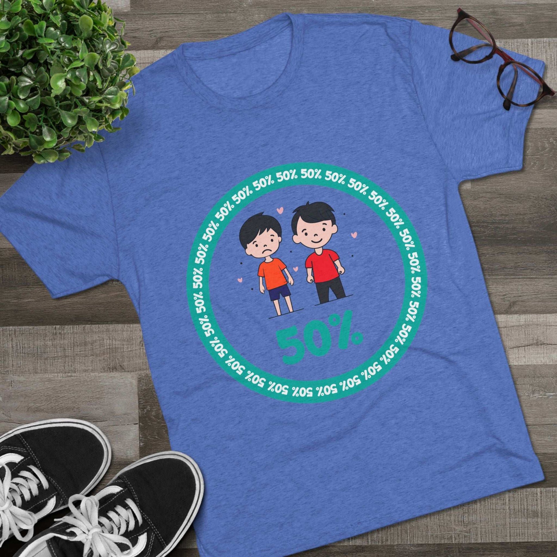 Original Boy Boy 50% Tri-Blend Tee — graphic t-shirt flat-lay, cartoon siblings inside teal 50% circle, repeating 50% pattern, bold 50% text, casual unisex style.