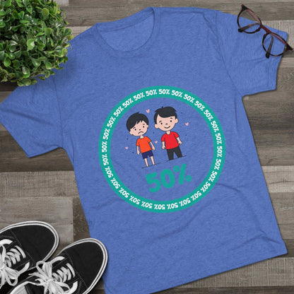 Original Boy Boy 50% Tri-Blend Tee — graphic t-shirt flat-lay, cartoon siblings inside teal 50% circle, repeating 50% pattern, bold 50% text, casual unisex style.