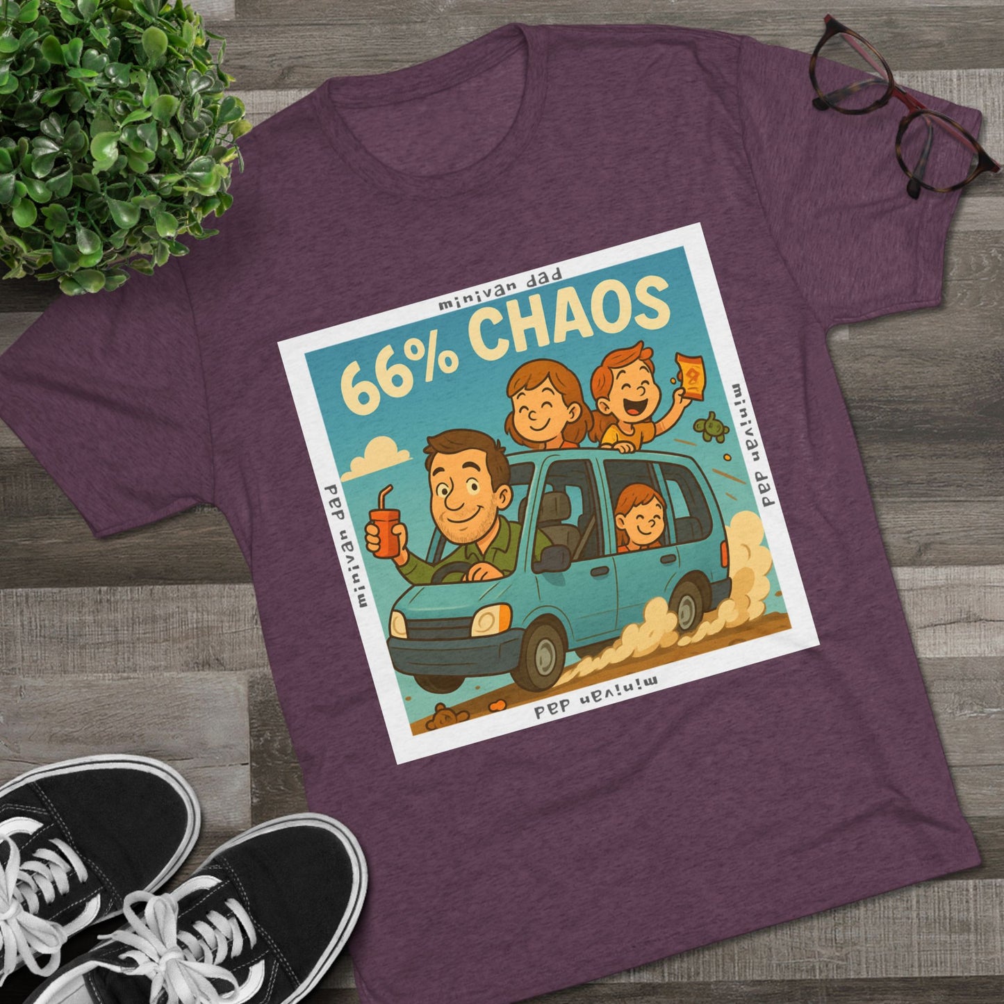 Cartoon dad driving minivan with three excited kids and snacks flying, “66% Chaos” design on dark heather tee – 66 Percent parenting apparel
