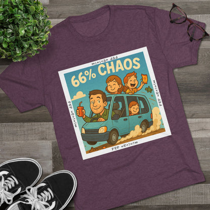 Cartoon dad driving minivan with three excited kids and snacks flying, “66% Chaos” design on dark heather tee – 66 Percent parenting apparel