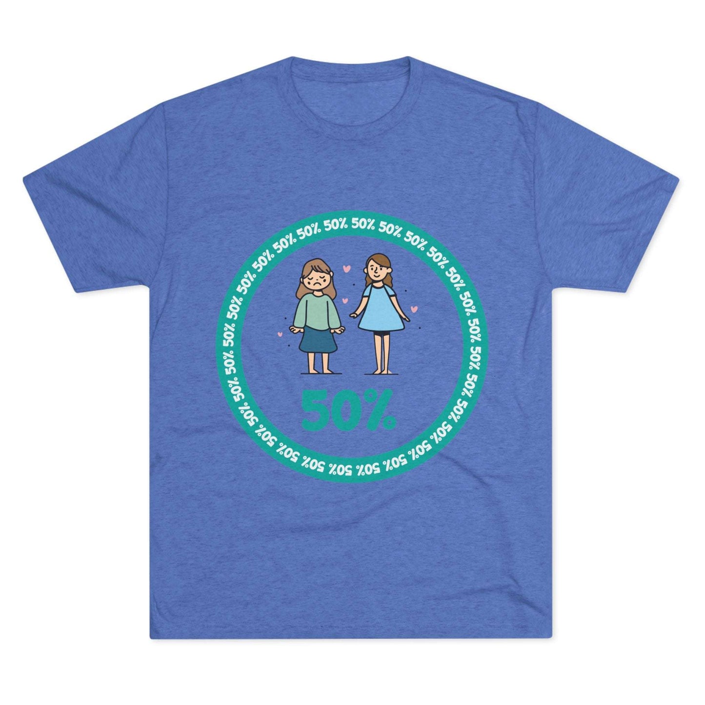Original Girl Girl 50% Tri-Blend Tee — graphic t-shirt flat-lay, cartoon siblings inside teal 50% circle, repeating 50% pattern, bold 50% text, casual unisex style.