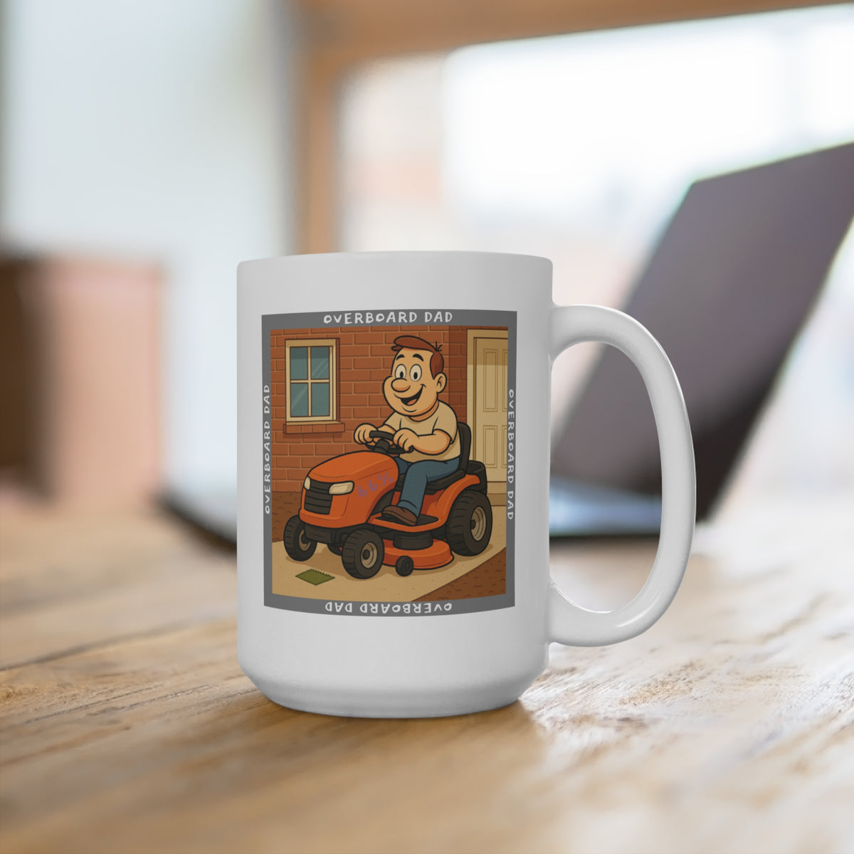 15 oz ceramic coffee mug featuring Overboard Dad mower artwork | 66 Percent