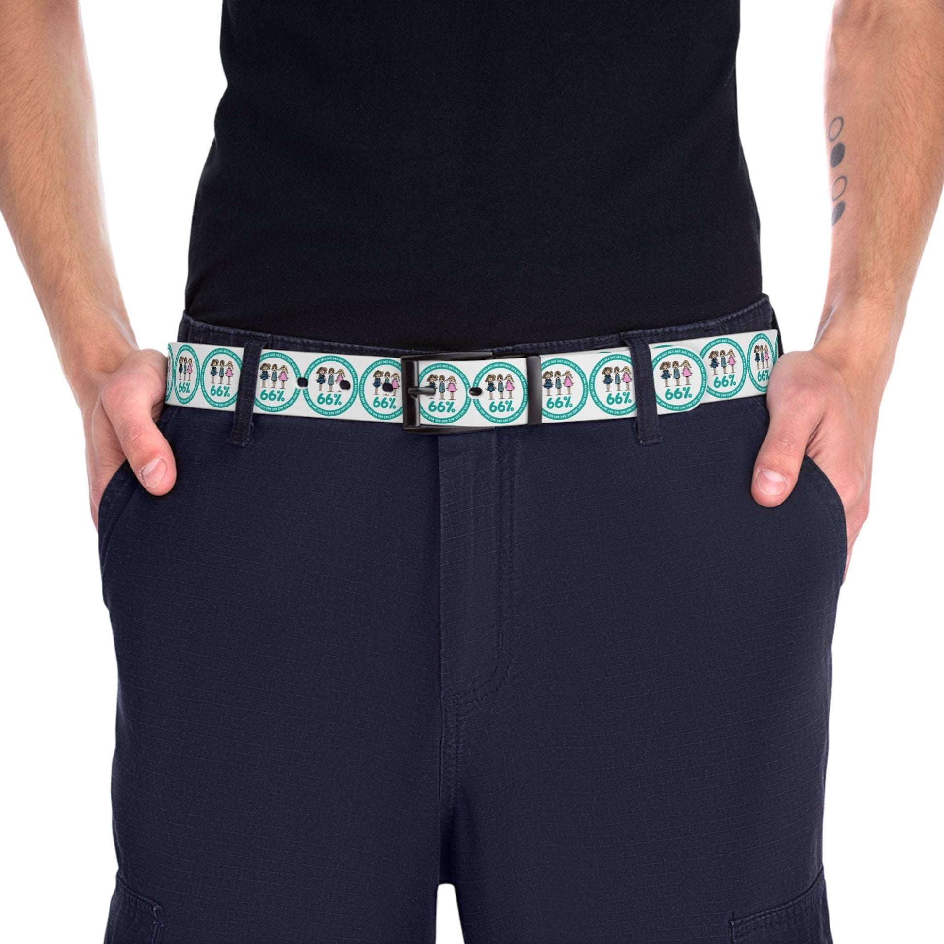 A white adjustable belt featuring a black buckle and a pattern of teal circles, each enclosing three stick-figure kids and the number ‘66%’.