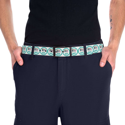 A white adjustable belt featuring a black buckle and a pattern of teal circles, each enclosing three stick-figure kids and the number ‘66%’.
