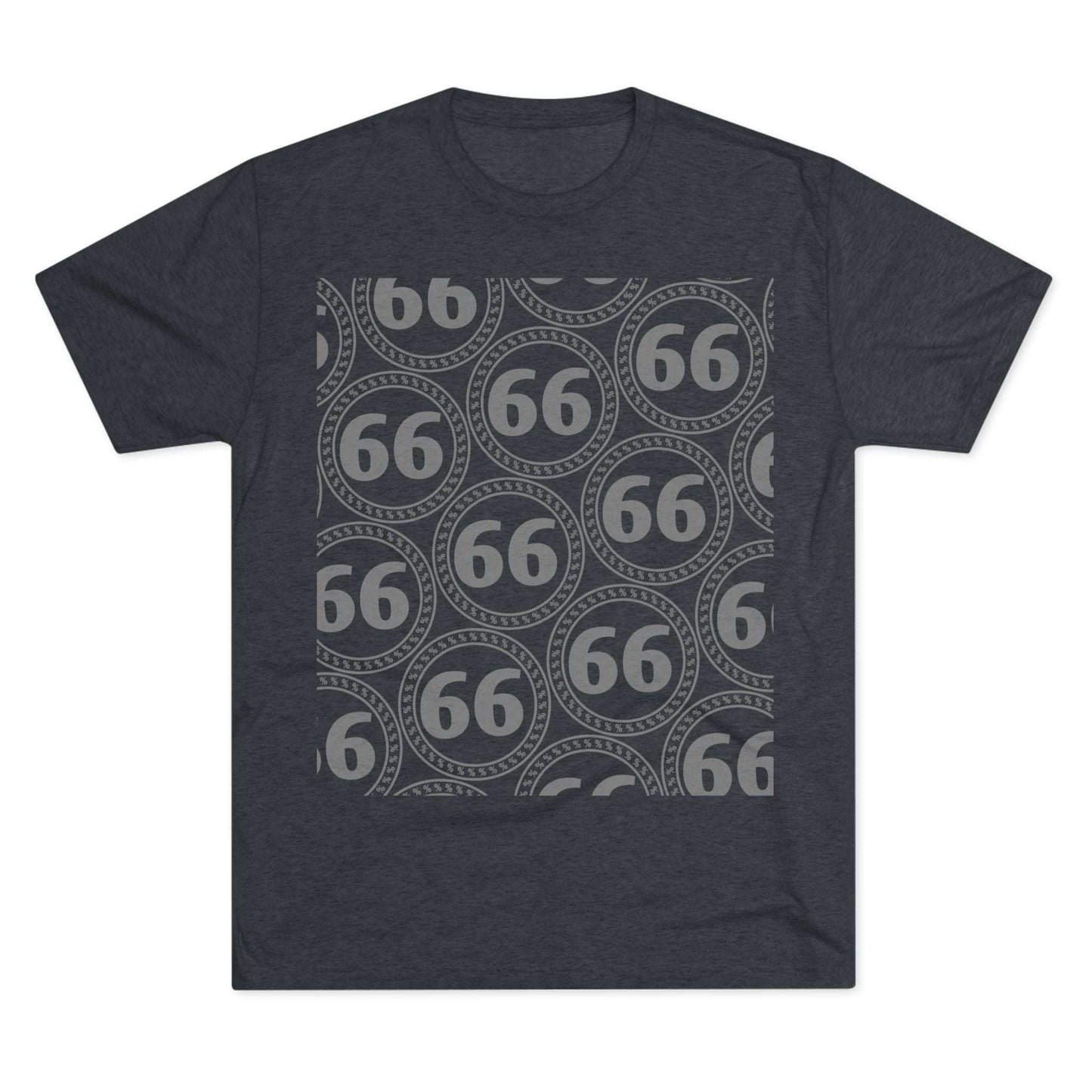 Retro 66% Pattern Tee— tri-blend graphic t-shirt flat-lay, repeating 66 circle pattern, casual vintage style.