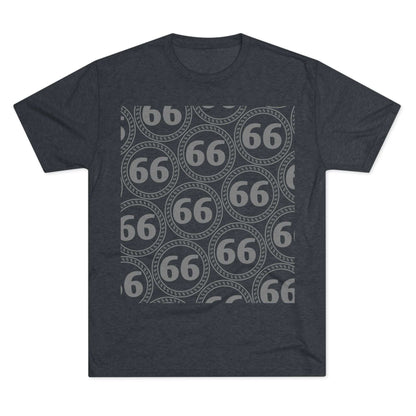 Retro 66% Pattern Tee— tri-blend graphic t-shirt flat-lay, repeating 66 circle pattern, casual vintage style.