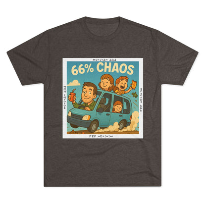 Cartoon dad driving minivan with three excited kids and snacks flying, “66% Chaos” design on dark heather tee – 66 Percent parenting apparel