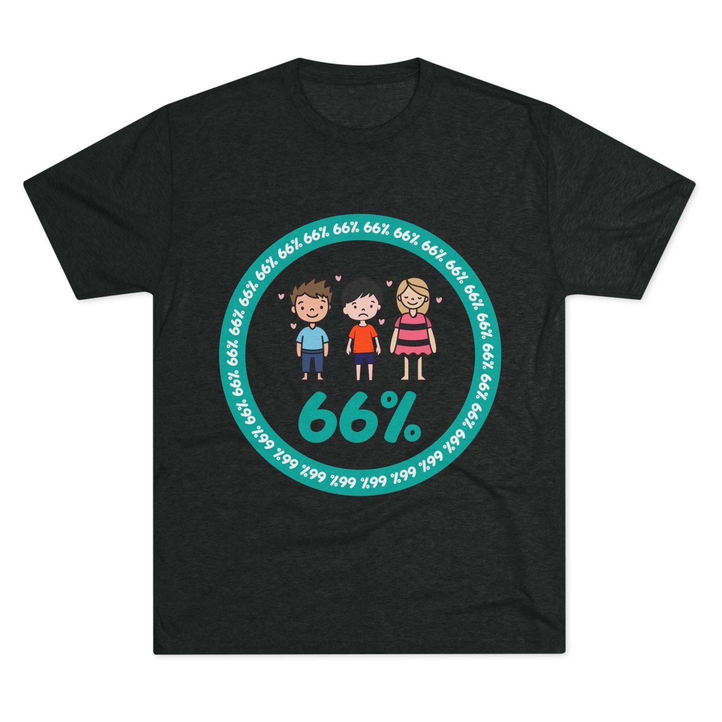 Flat-lay of tri-blend tee with two cartoon boys and one girl inside a teal 66% circle and repeating 66% border