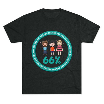 Flat-lay of tri-blend tee with two cartoon boys and one girl inside a teal 66% circle and repeating 66% border