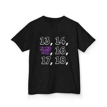 Black t-shirt with numbers and text on a white background