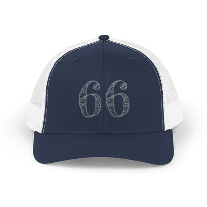 Mesh-back trucker hat with distressed ‘66’ printed on the front panel