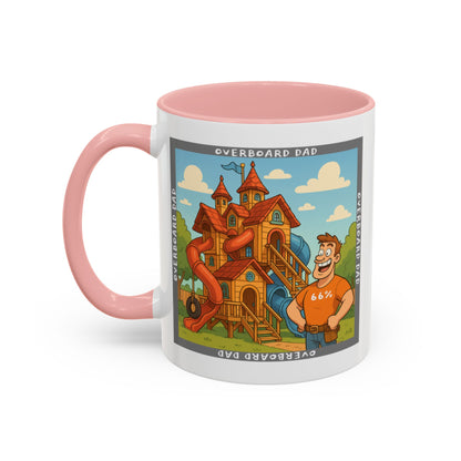White ceramic mug printed with a cartoon dad wearing a ‘66%’ shirt standing beside a multi-level wooden playhouse with twisting slides, framed by the text ‘OVERBOARD DAD’.