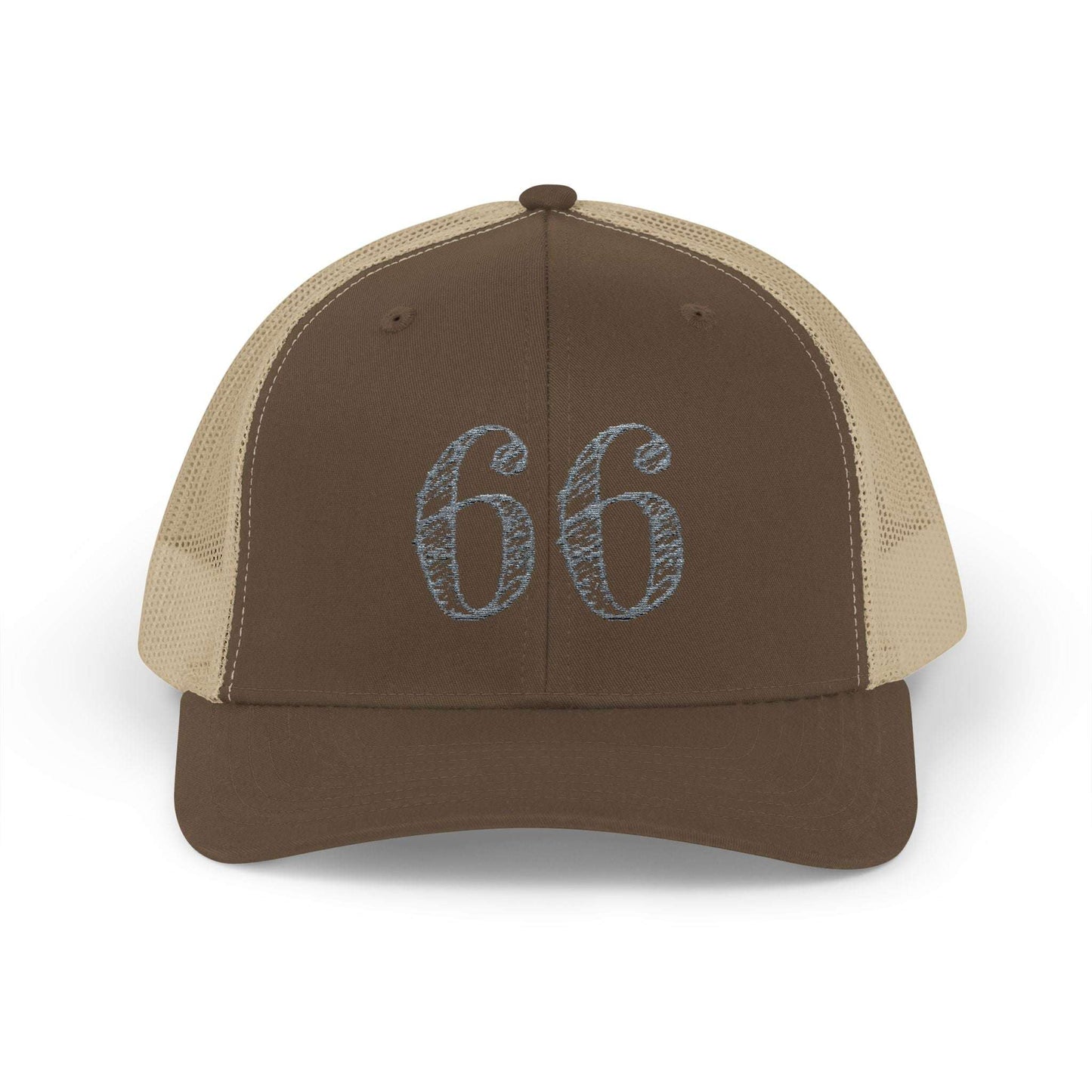 Mesh-back trucker hat with distressed ‘66’ printed on the front panel