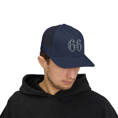 Mesh-back trucker hat with distressed ‘66’ printed on the front panel