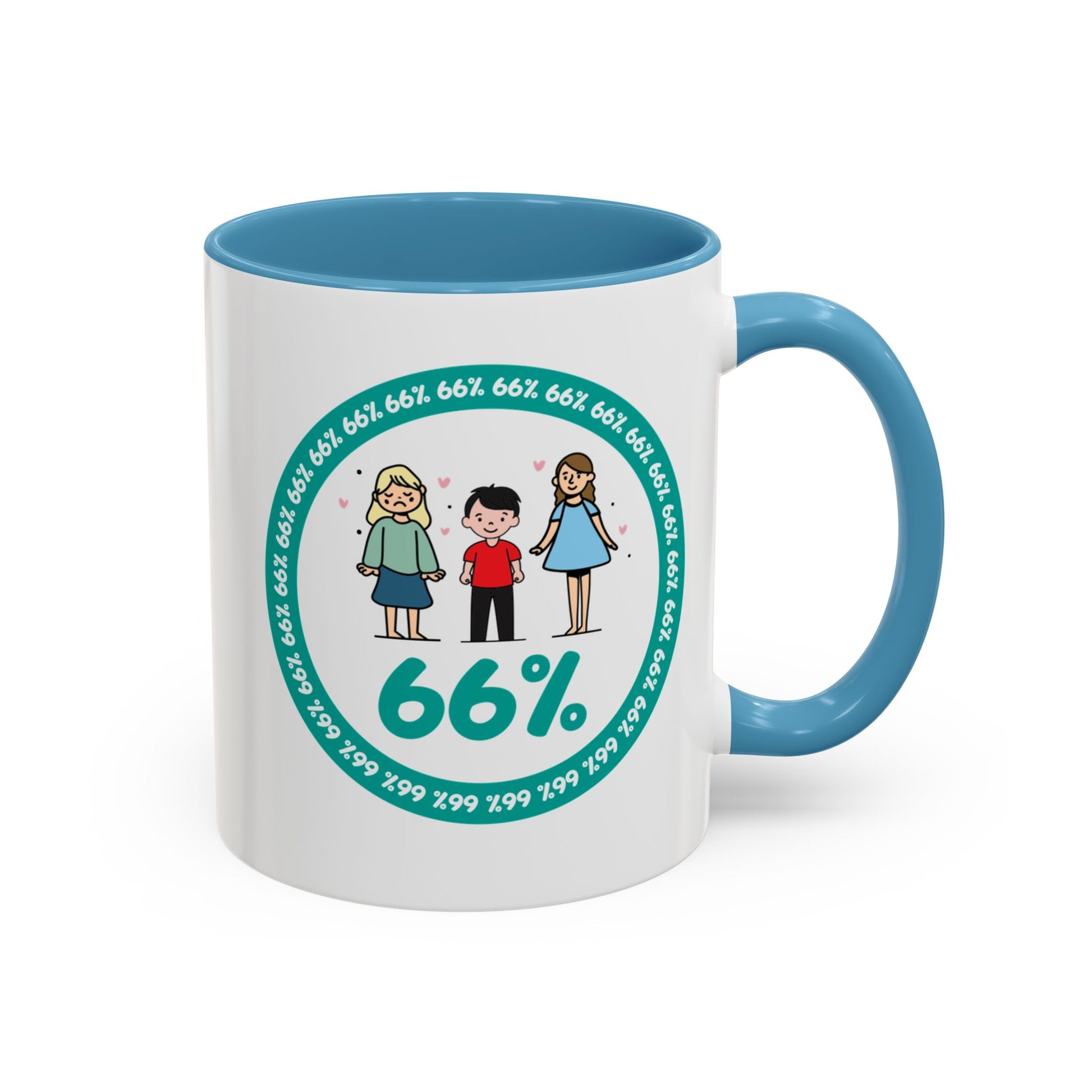 White mug with light blue handle showing a graphic: a teal circle of repeating ‘66%’ text, three cartoon kids inside the circle, and a prominent ‘66%’ at the bottom.