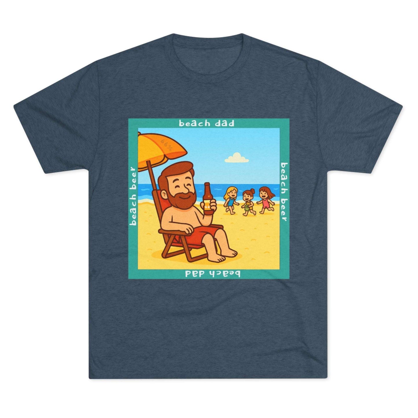 Beach Dad drinking beer on the sand with kids playing – 66% Tri-Blend Tee